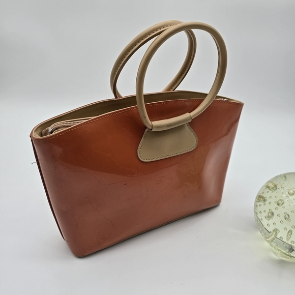 Beijo Purse Orange Hand Bag Round Handle Patent Gloss Small - Picture 4 of 14